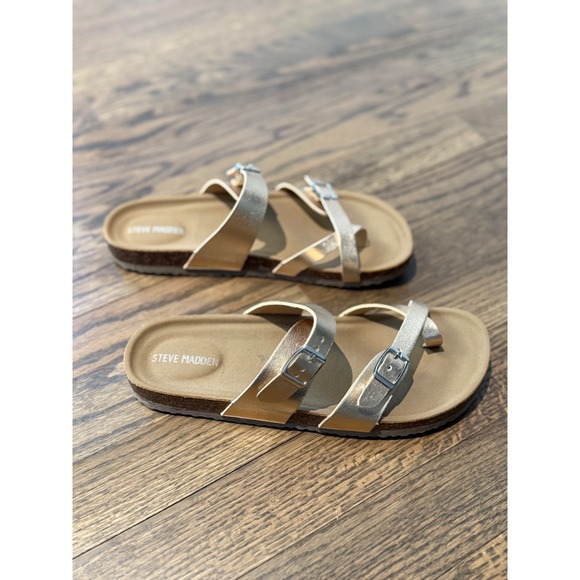 Steve Madden Kids Rose Gold Double Strap Buckle Cork Footbed Sandals Size 5 - Picture 3 of 6